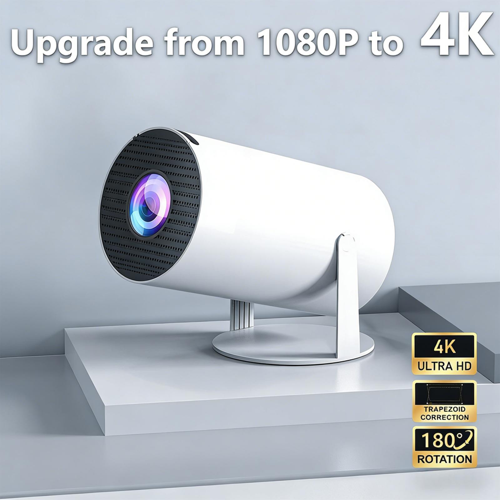 XBJ mini projector with built-in Android system, supports Wi‑Fi and Bluetooth connectivity, features keystone correction and 4K decoding, rotates 180 degrees, designed for short projection use. Suitable for home/outdoor use — Black Friday