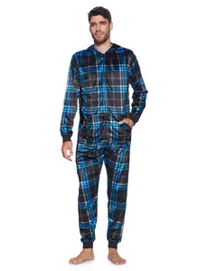 Ashford & Brooks Men's Adult Mink Fleece Hooded One-Piece Union Suit Pajamas - Blue/Black Plaid - X-Large