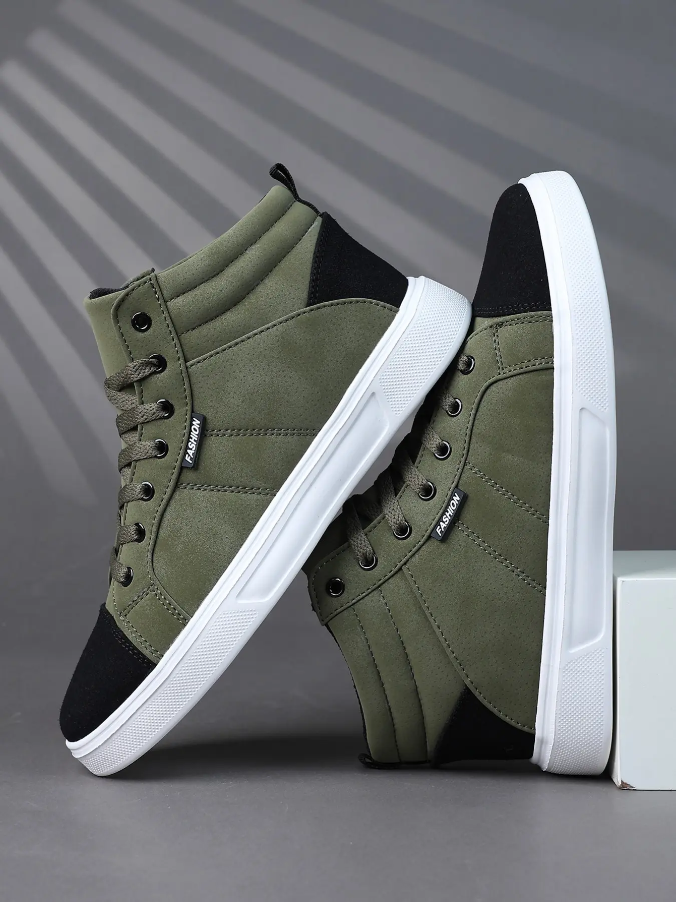 Men's High-Top Sporty Casual Shoes, Colorblock, Breathable PU Leather, Comfortable Skateboarding Sneakers, Skater Shoes, Sports Shoes, Outdoor Sneakers, All Seasons