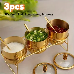 [Golden Stainless Steel] 3pcs/set1lid, 1container, 1spoon3pcs Golden Steel Condiment Storage, 30 Scenes With Visible Glass Lid and Spoon-Can Be Washed in the Dishwasher, Wide Opening, Multi-Purpose Dispenser, Suitable Fo