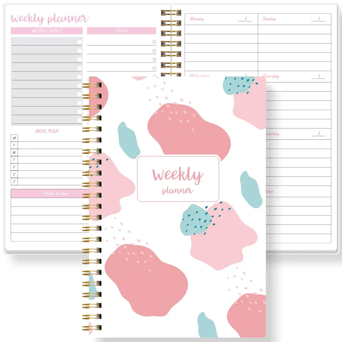 A5 Weekly Planner Notebook with Diet Plan & Habit Tracker, Cute Style Coil Notepad, Student Office Efficiency Planning Book