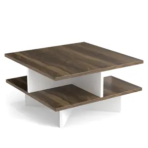 COSTWAY - 2-Tier Square Coffee Table with 4 Storage Compartments-Walnut