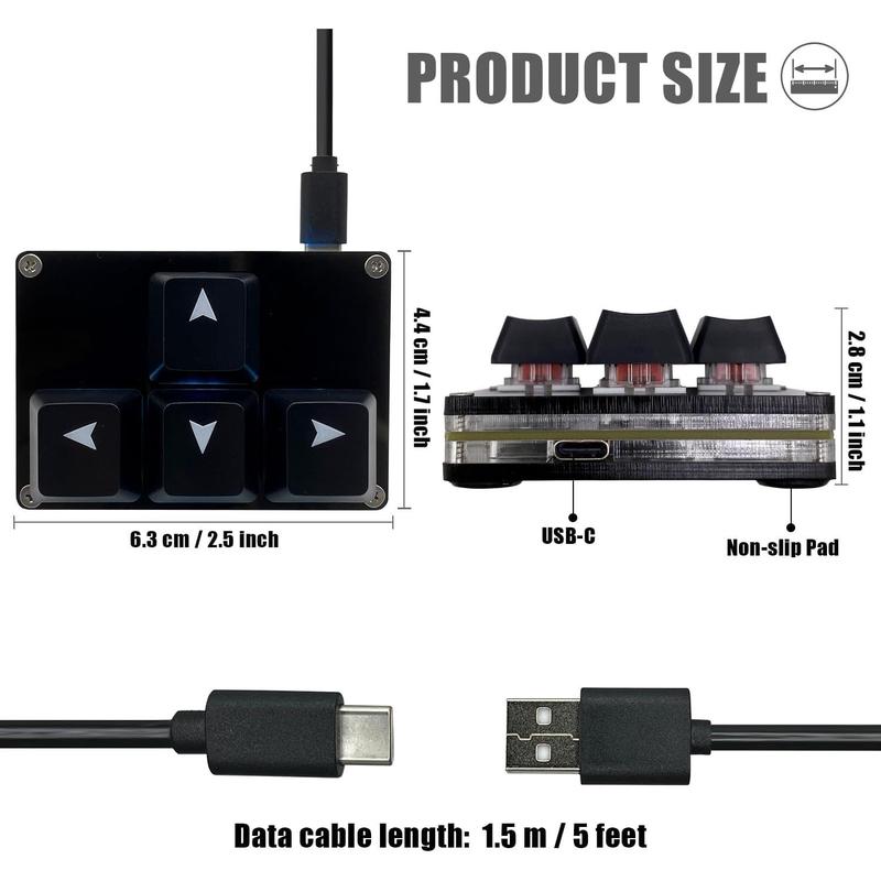 Mini 4-Key Keypad WASD Arrow Key Keycaps Keyboard One-Handed Mechanical Gaming Keypad Programmable USB-C Customized Keyboard for Working or Gaming (Black, Arrow Keycaps 1)