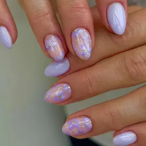24pcs Spring Violet Short Round Nude Flower Nail Tips, Nail Art Design, Gold Foil Accents, Reusable Gel Nails, Party Evening Commute