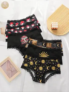 Women's Sexy Halloween Theme Lace Trim Panties Set, Moon Mushroom Print, Comfortable Fit, Fitted Style, Medium Elasticity, Casual Holiday Underwear, 6 Pack
