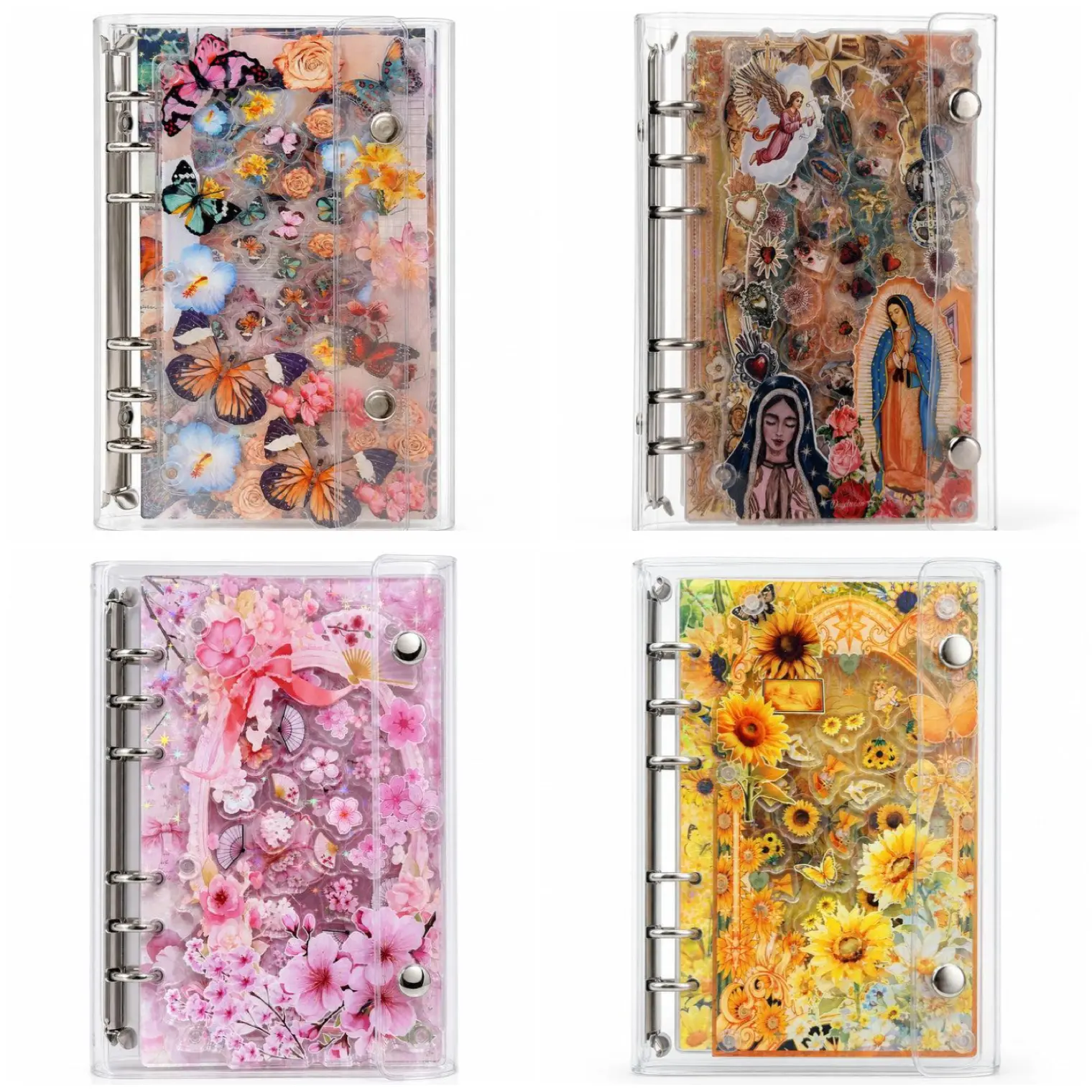 A6 Refillable 6-Ring Binder - PVC+Metal Acrylic Floral Themes Shaker Cover DIY Journal, Office Stationery with Photo Sleeves Card Holder, Student Planner for Personal Journaling Friend Gift