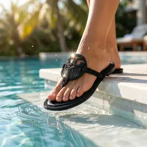 Women's Sparkly Rhinestone Flat Sandals - Elegant Cutout Medallion Thong Flip Flops, Dressy Slip-On Summer Shoes for Beach, Pool & Vacation