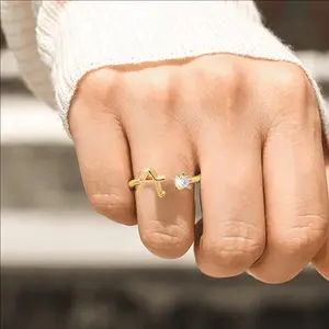 Stainless Steel Tiny Initial Letter Open Rings For Women Fashion Zircon A-Z Letters Adjustable Ring Female Wedding Aesthetic