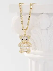 Classic Shiny Zircon Bear Pendant Necklace, Cuban Necklace, Vintage Jewelry Gift for Women, Perfect for Anniversaries and Birthdays