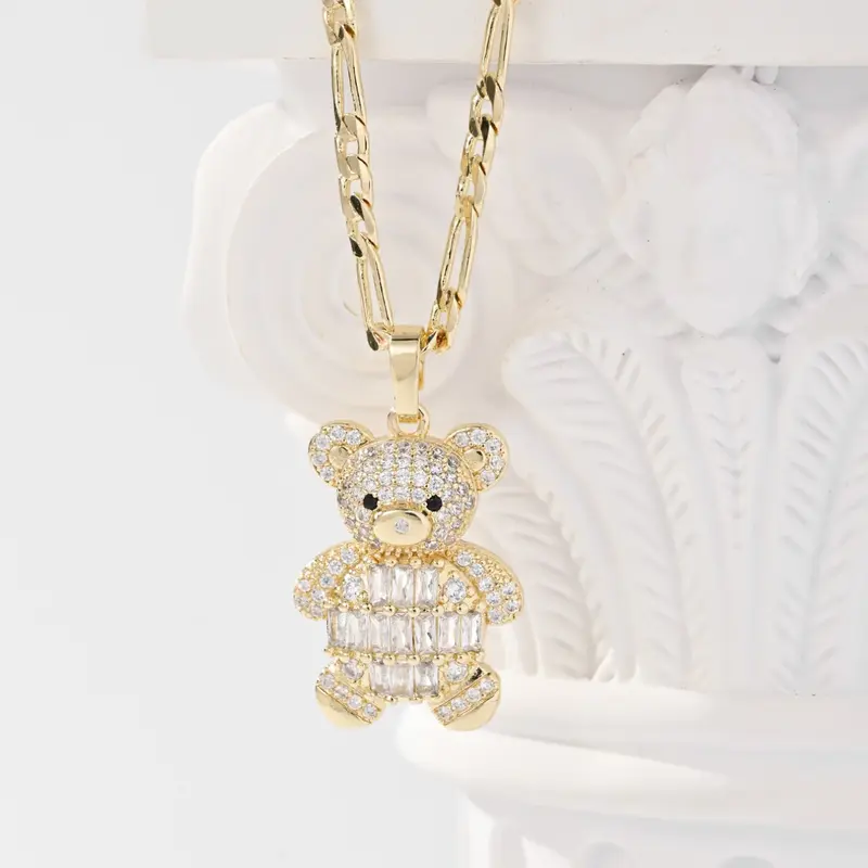 Classic Shiny Zircon Bear Pendant Necklace, Cuban Necklace, Vintage Jewelry Gift for Women, Cute Necklaces, Perfect for Anniversaries and Birthdays