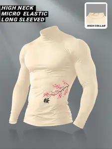 Men's High Neck Long Sleeve Slim-Fitted Thermal Top, Casual Graphic Letter Pattern, Summer Wear, Moderate Fabric Thickness, H Type Silhouette