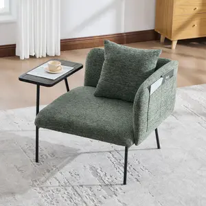 Modern Leisure Accent Chair, Linen Upholstered Lounge Armchair with Small Side Table, Side Pockets, Comfy Reading Chair with Black Metal Legs, Single Sofa for Living Room Bedroom Balcony (Emerald)