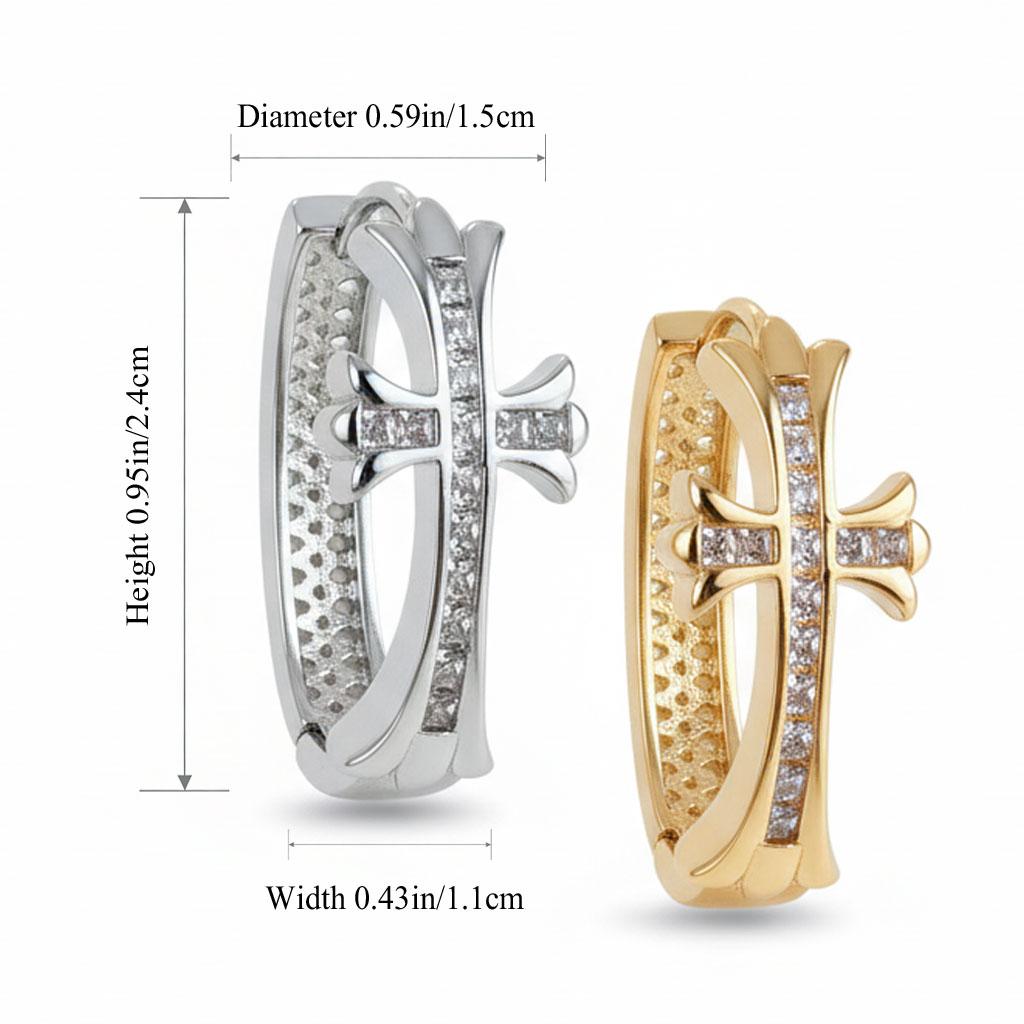 Women's Cross Ring Earrings, 14K Gold Plated Zircon Religious Cross Earrings, French Retro Hypoallergenic Circle Dangle Earrings