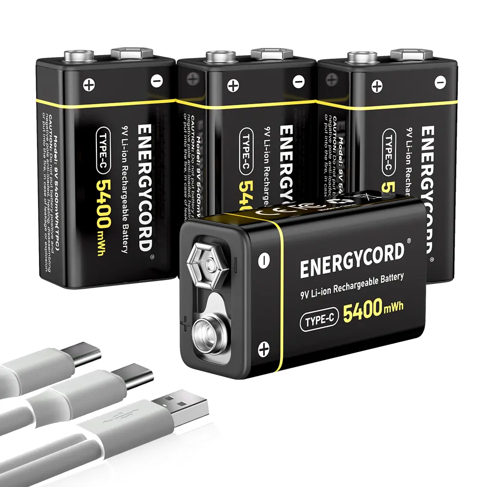 ENERGYCORD Rechargeable 9V Lithium Batteries (4-Pack, 5400mWh) - USB-C Rechargeable with 2-in-1 Charging Cable, Long-Lasting Power for Smoke Alarms, Multimeters, Toys