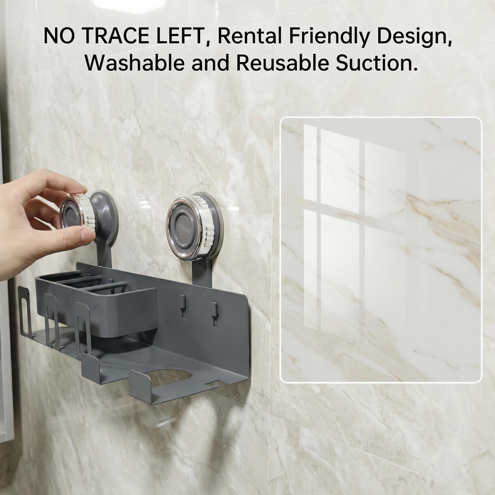 No Drill Suction Cup Hair Dryer Holder, Space Aluminum Bathroom Organizer with Toothbrush Storage, Strong Load-Bearing Wall Mount Rack for Renters No Drill Suction Cup Hair Dryer Holder, Space Aluminum Bathroom Organizer with Toothbrush Storage, Strong Load-Bearing Wall Mount Rack for Renters
