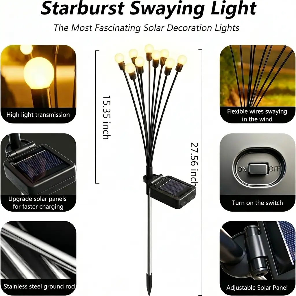 2pcs Solar-Powered Eco-Friendly Firefly LED Outdoor Lights - 8 LED Wind-Swaying, Energy-Efficient, Water-Resistant Set with Lamp Covers & Shades, Whimsical Enchanting Illumination for Garden Pathways, Patio