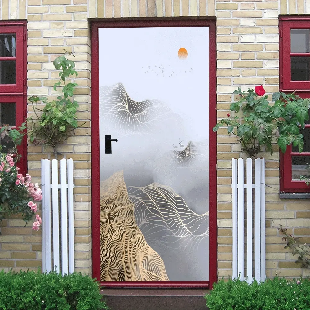 2 New Chinese Landscape Line Door Sticker Self Adhesive Removable Waterproof Wall Decal for Living Room Home Decor Chinese Style Artistic Conception Landscape Deer Sunrise Pattern Wall Mural Stickers f