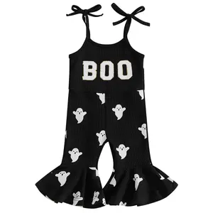 Toddler Baby Girl Halloween Outfit Ghost Boo Jumpsuit Spaghetti Strap Gobble Romper Bell Bottoms Outfits