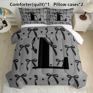 3-piece Gray-Black Bow Alphabet Pattern Quilt Set (1 Quilt + 2 Pillowcases, without Pillow Inserts), featuring U-shaped quilting. The quilt contains 200gsm filling, suitable for all seasons. It is breathable, skin-friendly, soft, durable, and machine-wash