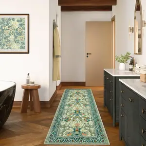 GARVEE Vintage Floral Runner Rug 2x6 Washable Runner Rug For Kitchen Stain Resistant Throw Carpet With Non-Slip Backing Low Pile Floor Cover For Kitchen Hallway Laundry Bedroom,Green