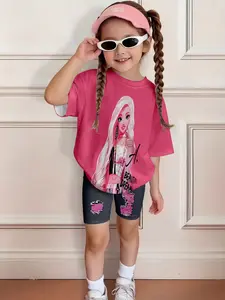 Girls' Sweet Cool Set Hair Barbie + English Print, Rose Short Sleeve + Ripped Cycling Shorts Two-Piece Suit