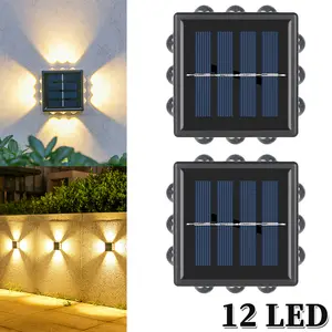 2 Pack Solar Wall Lights Outdoor 3000K Warm White, IP44 Waterproof, Bright Solar Up and Down Wall Sconce Lighting with 12 LED for Exterior, Porch, Patio, Fence, Garage