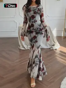 Elegant Women's Floral Print Bodycon Dress, Sweet Valentine's Day Mermaid Tail Flared Design, Long Sleeve Flounce Sleeves, Perfect for Dates, Womenswear