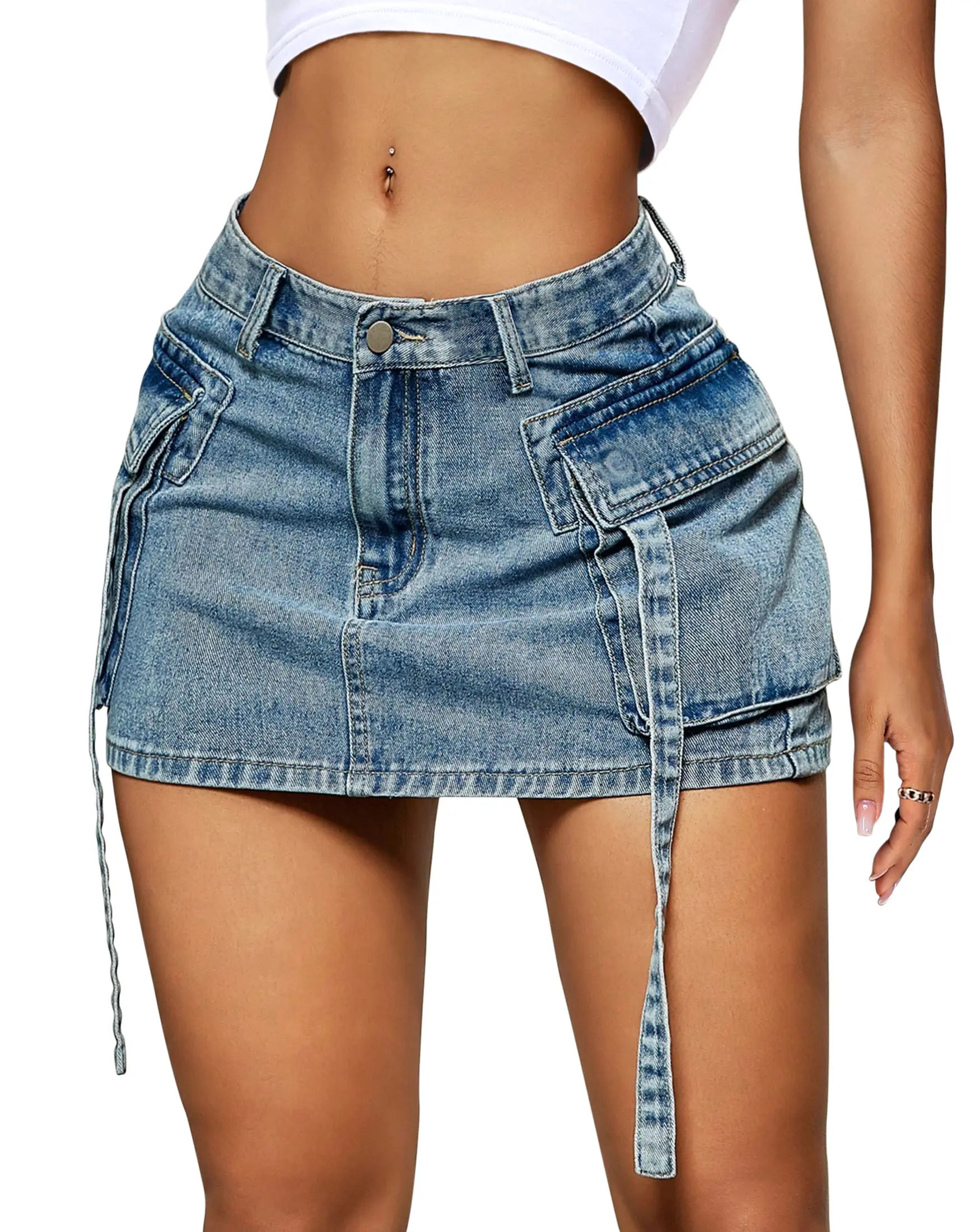 KIMDN Womens Cargo Skirt Low Waist Button Denim Mini Skirt Summer Y2k Jean Skirt with Flap Pockets