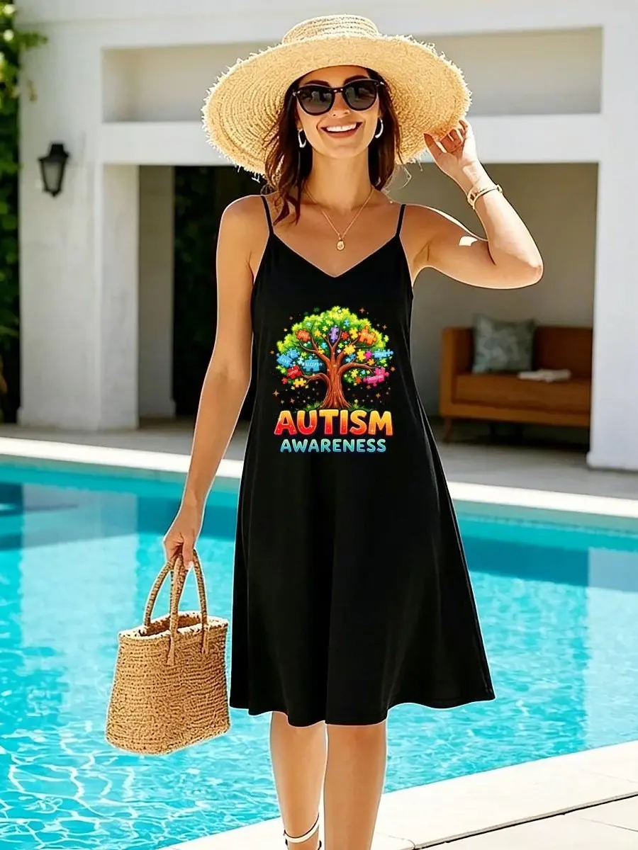 Women's Black Casual Spaghetti Strap Dress - Smooth, Minimalist, Seamless, Breathable, Autism Awareness Puzzle Piece Tree Colorful Graphic, Viral TikTok Support Inspirational Print Loose Swing Sundress, Sleeveless