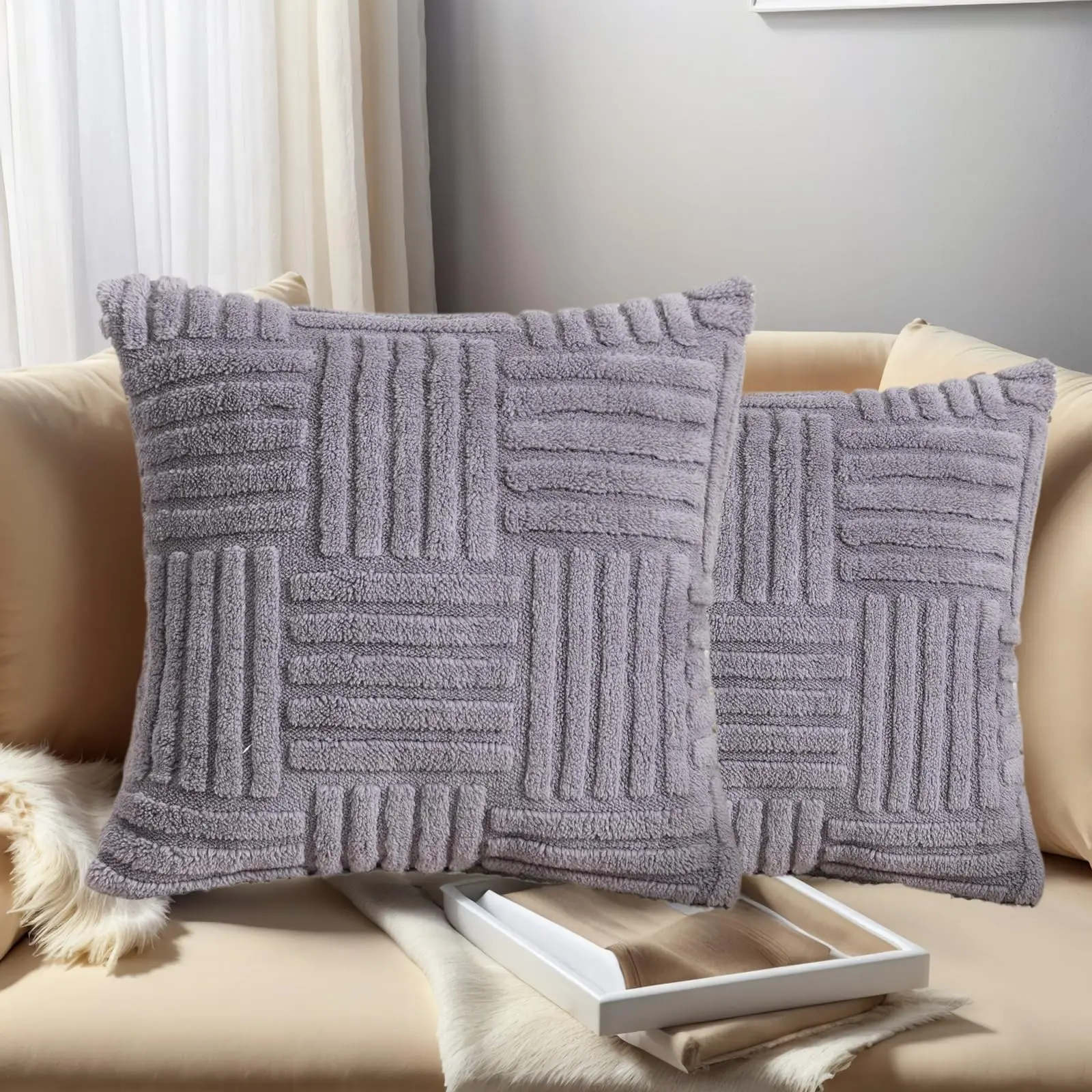 Solid Color Sherpa Sofa Pillow, Soft Home Decorative Cushion for Living Room, Bedroom & Show Flat Decoration, Comfortable and Stylish