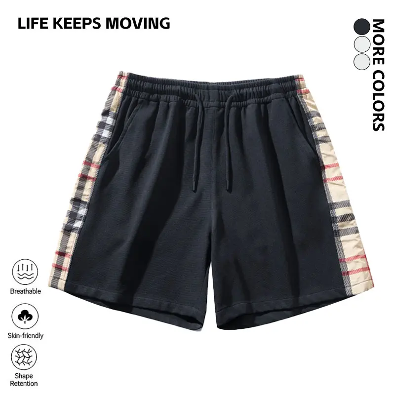 LIFE KEEPS MOVING Men’s Casual Shorts, plaid patchwork on both sides, American light luxury style, loose straight cut, sporty multifunctional shorts