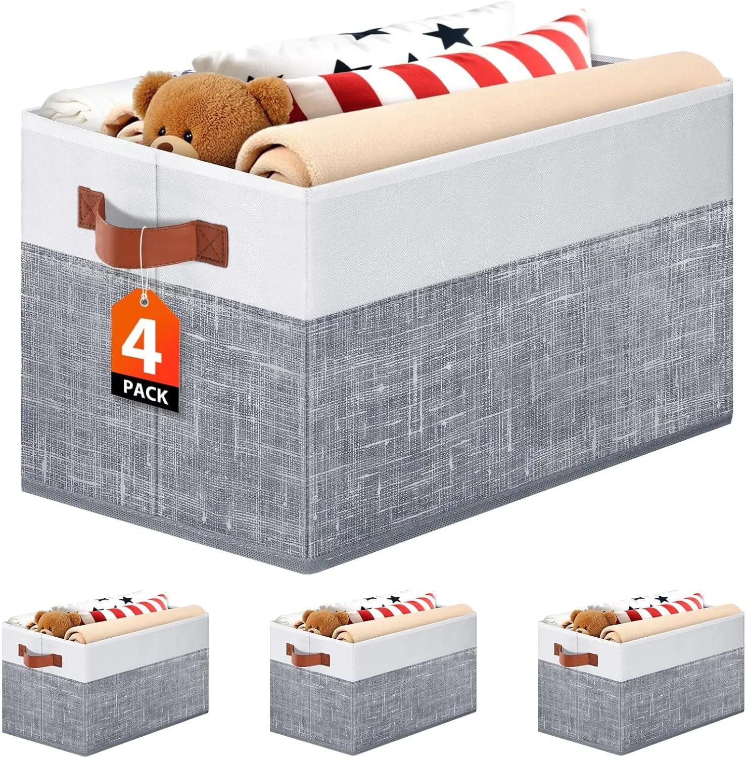 Collapsible Storage Baskets for Shelves,14"x10", 4 Pack Foldable Fabric Storage Bins with Double Leather Handles, Large Baskets for Organizing Books, Clothes, White & Grey