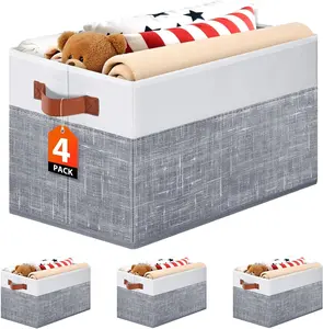 Collapsible Storage Baskets for Shelves,14"x10", 4 Pack Foldable Fabric Storage Bins with Double Leather Handles, Large Baskets for Organizing Books, Clothes, White & Grey
