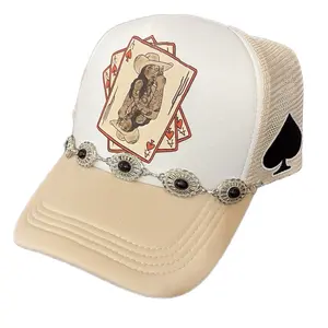 Adorable Trucker Hat with Poker Card Design and Beige Brim Decorated with Chains and Spade Symbol