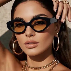 Women's Oval Cat Eye Sunglasses Trendy Black Frame Amber Lens 2026 Fashion Shades UV400 Retro Slim Designer Style