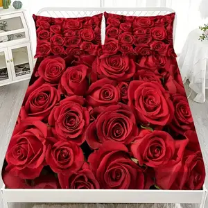 Rose Bedding Set Three-Piece, Soft Comfortable Mattress Protector, Includes 1 Fitted Sheet and 2 Pillowcases, All-Season Use, Decorative Bedding Set