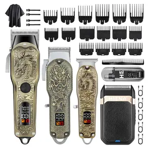 Retro dragon modeling men's professional wireless hair clipper & carving push and cut, beard trimmer set, five-piece suit, metal body haircut and grooming set, with long battery life, suitable for family and barber shop use.