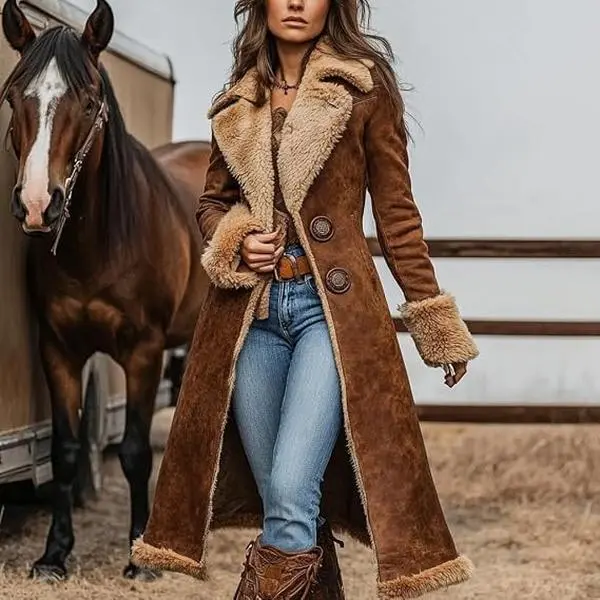 YOEASY Women's Fitted Faux Suede Shearling Lapel Jacket - Retro Army Style, Black, Brown Vintage Western Winter Outerwear with Long Sleeve Fleece, Fashion Casual Womenswear,sohochic
