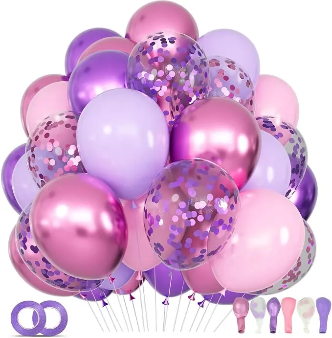 AsBalloon 50Pcs Pink Purple Latex Balloon Kit Matte Light Pink Metallic Magenta Purple Confetti Balloons With Ribbon Tape For Girls Birthday Baby Shower Wedding Decor Thick Elastic Hard To Tear PinkPurpleBalloonSet PartyBalloonKit GirlBirthdayDecor