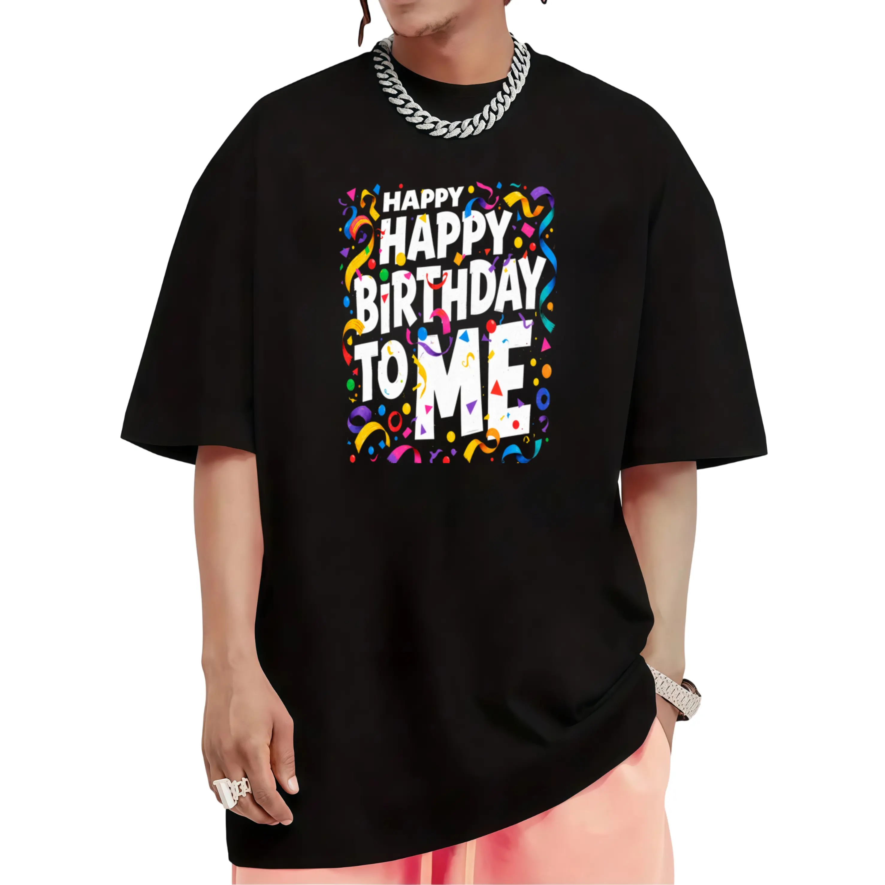 Birthday-themed T-shirt featuring bold, 3D-effect "Happy Birthday" lettering; designed with a casual crew neck, making it perfect for parties, gifting, and everyday wear—a fun choice for birthday celebrations.