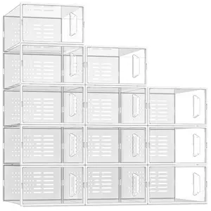 12 Pack Shoe Storage Box, Shoe Organizer for Closet, Clear Plastic Stackable Shoe Boxes, Space Saving Foldable Sneaker Shoe Rack Containers Bin Holder