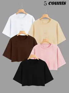 Women's Solid Color Drop Shoulder Jersey Crop Tee, Casual Short Sleeve Round Neck T-Shirt for Summer, Ladies Clothes for Daily Wear Top Basic
