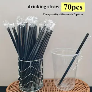 Black PP Material Straw - Length 19cm/7.48 inches, | Beverage Straw, Independent Packaging, Plastic Straws | Perfect for Party Supplies, Milk Tea, Beverages, Restaurants, and Home Use | 70pcs