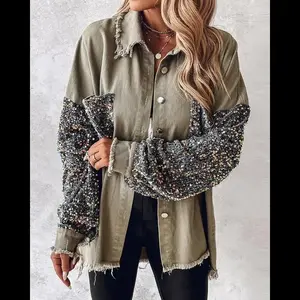 Women's Luxury Contrast Sequin Raw Hem Shacket Collared Corduroy Plaid Shirt Style Double Button Lapel Oversized Cut Denim Bomber Jacket Outerwear Perfect for Casual Outings Evening Gatherings Fall Winter Wear Soft Comfortable Fabric