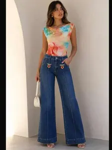 Denim Jeans Stretch Fabric With Heart Brooch