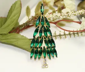 Emerald Green Rhinestone Christmas Tree Brooch Pin, Christmas Jewelry Gift