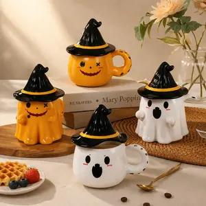 Halloween Ghost Ceramic Coffee Mug with Witch Hat Lid, Cute Pumpkin Spooky Cup for Coffee Tea Cocoa,  Gift Mug