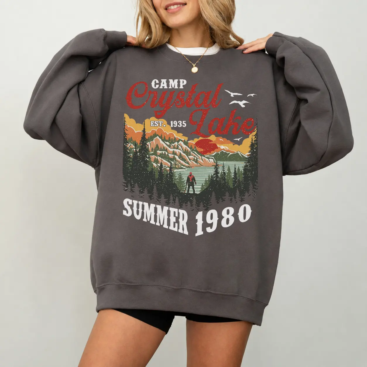 Camp Crystal Lake Sweatshirt, Friday The 13th Jason Voorhees Horror Movie Sweater, Scary Movie Halloween T-Shirt, Vintage 80s Camp Crystal Est 1935 Tee