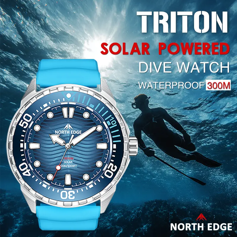 North Edge Triton Men's Luxury Diver Watch, Modern Stainless Steel Wristwatch with a Round Dial and Mineral Glass, Solar Powered and 300M Waterproof, 51Mm