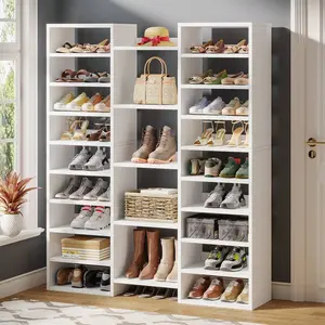 71" Tall 14-Tier Freestanding Shoe Rack, White Wooden Entryway Shoe Storage Cabinet with 22 Open Cubbies, Holds 46 Pairs, Wide Entryway Organizer